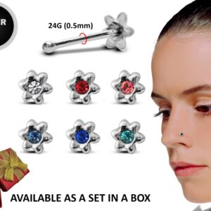 24G Flower Nose Stud ,Silver Nose Ring Jewellery with CZ Crystals - Nose Piercing, Thin Nose stud, Nostril Jewelry