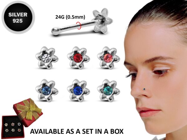 24G Flower Nose Stud ,Silver Nose Ring Jewellery with CZ Crystals - Nose Piercing, Thin Nose stud, Nostril Jewelry