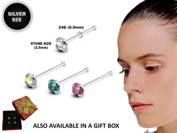 24G Silver Nose Pin Jewellery Prongs Set with CZ Crystals - Nose Piercing, Thin Nose stud, Nostril Jewelry