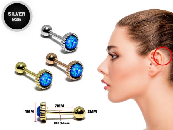 Silver Helix Bar, Cartilage Piercing, Helix Earring - 20G Ear Piercing with Blue Opal Stone - Helix Piercing Jewellery