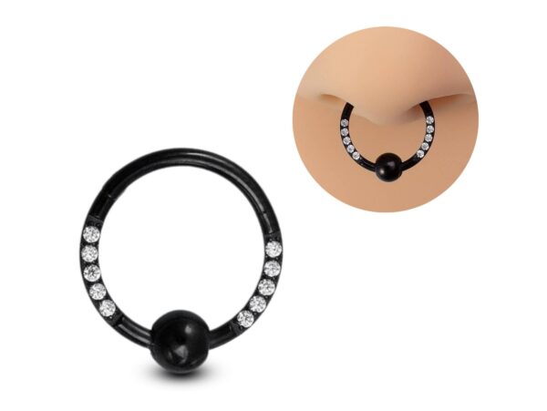 Titanium Septum Nose Ring, Clicker hinged ring with CZ Crystals - 18g size 10mm Clicker Hoops Nose Piercing, Ball Hoops