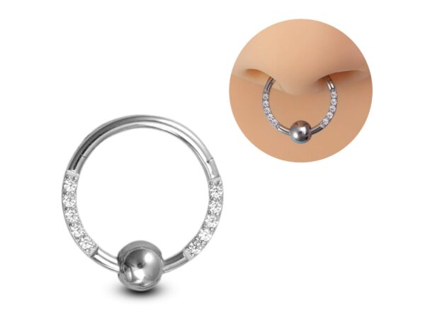 Titanium Septum Nose Ring, Clicker hinged ring with CZ Crystals - 18g size 10mm Clicker Hoops Nose Piercing, Ball Hoops