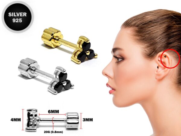 Silver Cartilage Flower Earring, Helix Earring with CZ Jet Black - 20G Ear Piercing Screw Back- Helix Piercing Jewellery