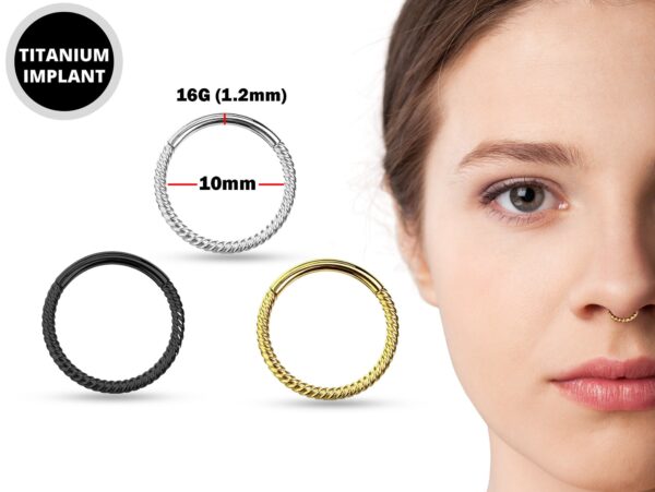 Titanium Twisted Septum Clicker Ring, Rope Septum Jewelry Spike Piercing Nose Ring - 16G size 10mm Nose Piercing