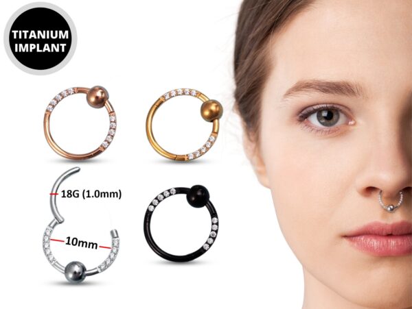 Titanium Septum Nose Ring, Clicker hinged ring with CZ Crystals - 18g size 10mm Clicker Hoops Nose Piercing, Ball Hoops