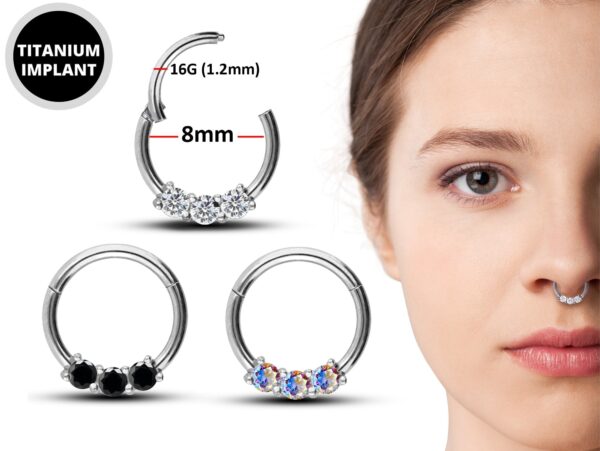 Titanium Segment Ring Clicker with 3 Prong Set CZ Crystals - Ear, Septum, Tragus, Helix - 16G size 8mm Clicker Hoops Nose Piercing