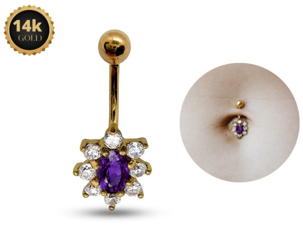 14K Gold Flower Belly Button Ring with Precious Stone Crystal Belly Ring - Belly Bar made of Fine Jewelry Hand Set and Hand Polished