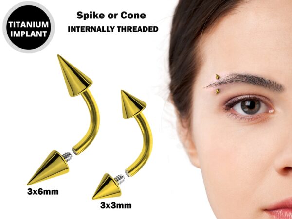 Gold Spike Eyebrow Piercings - Titanium Curved Barbell Spikes / Cone 14G 16G Eyebrow Jewelry Piercing - Internal Threaded