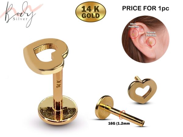 14K Gold Heart Shape Tragus Earring, Cartilage Labret Studs- Internally Threading Body Jewellery Ear Piercing