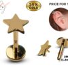 14K Gold Star Shape Tragus Earring, Cartilage Labret Studs- Internally Threading Body Jewellery Ear Piercing