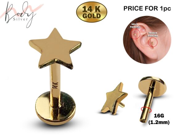 14K Gold Star Shape Tragus Earring, Cartilage Labret Studs- Internally Threading Body Jewellery Ear Piercing