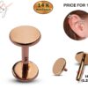 14K Rose Gold Round Flat Tragus Piercing, Ear Jewelry, Labret Studs - Internally Threading Body Jewellery Ear Piercing