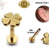 14K Gold Clover Leaf Tragus Earrings, Labret Stud, Helix Cartilage Piercings - Internally Threading Body Jewellery Ear Piercing