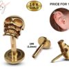 14K Gold Skull Head Tragus Earring, Labret Stud, Helix, Cartilage Piercing - Internally Threading Body Jewellery Ear Piercing