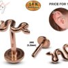 14K Rose Gold Snake Labret Stud Tragus Earrings, Cartilage Piercing - 16G Internally Threading Body Jewellery Ear Piercing