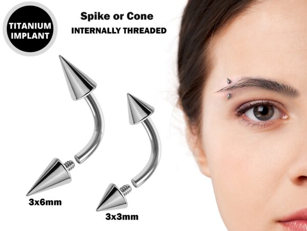 Spike Eyebrow Piercings - Titanium Curved Barbell Spikes / Cone 16g 14g Eyebrow Jewelry Piercing - Internal Threaded