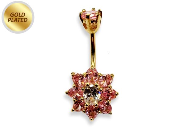 Flower Belly Ring, Navel Ring - Silver Gold Plated Belly Bar Crystal Body Jewellery - 14G - Length is 10mm