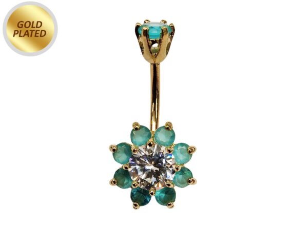 Sun Flower Belly Button Ring, Navel Ring - Silver Gold Plated Belly Bar Crystal Body Jewellery - 14G - Length is 10mm