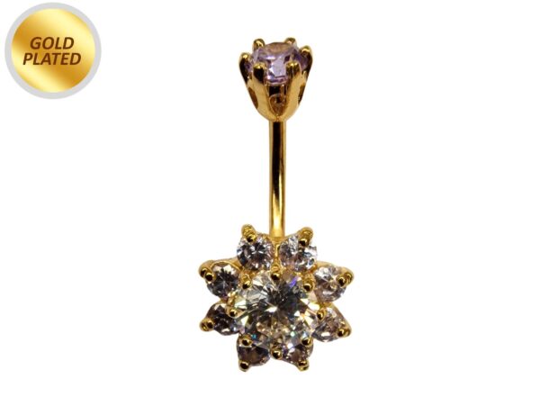 Sun Flower Belly Button Ring, Navel Ring - Silver Gold Plated Belly Bar Crystal Body Jewellery - 14G - Length is 10mm