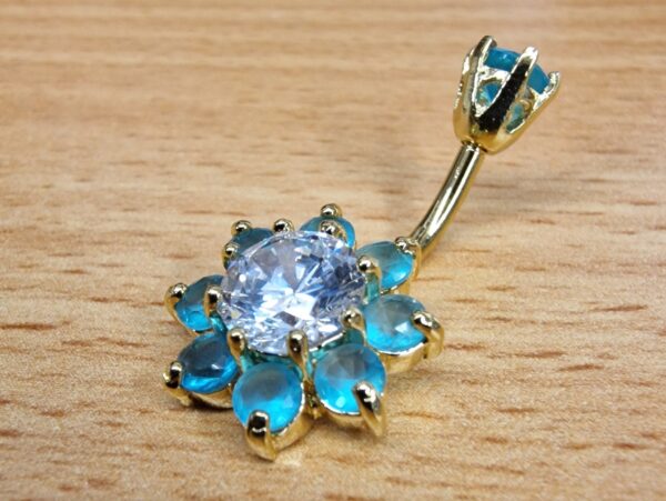 Sun Flower Belly Button Ring, Navel Ring - Silver Gold Plated Belly Bar Crystal Body Jewellery - 14G - Length is 10mm