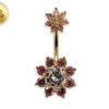 Double Flower Belly Button Ring, Silver Belly Bar with CZ Crystals - Gold Plating - 14G Length is 10mm