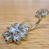 Double Flower Belly Button Ring, Silver Belly Bar with CZ Crystals - Gold Plating - 14G Length is 10mm