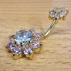 Double Flower Belly Button Ring, Silver Belly Bar with CZ Crystals - Gold Plating - 14G Length is 10mm