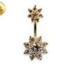 Double Flower Belly Button Ring, Silver Belly Bar with CZ Crystals - Gold Plating - 14G Length is 10mm