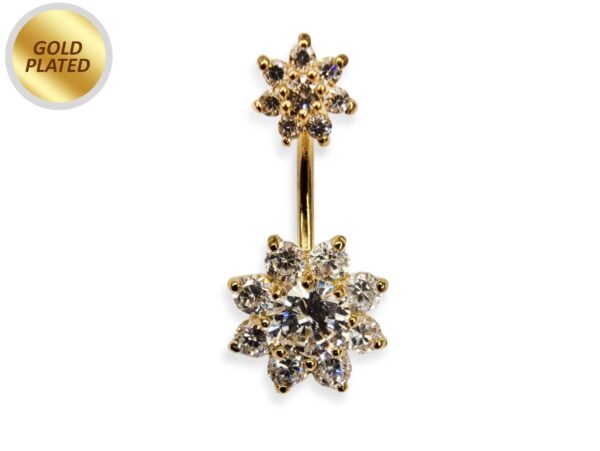 Double Flower Belly Button Ring, Silver Belly Bar with CZ Crystals - Gold Plating - 14G Length is 10mm