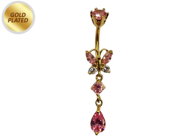 Gold Plated Butterfly Belly Ring, Silver Drop Dangle Belly Bars with CZ Crystals - 14G Length is 10mm