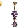 Gold Plated Double Flower Dangle Belly Button Ring, Silver Belly Bars with CZ Crystals - 14G Length is 10mm