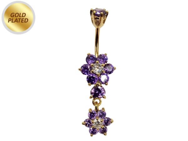 Gold Plated Double Flower Dangle Belly Button Ring, Silver Belly Bars with CZ Crystals - 14G Length is 10mm