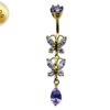 Double Butterfly Dangle Gold Plated Belly Bar, Belly Ring with Crystals - Beautiful Unique Design Navel Piercing - 14G length is 10mm