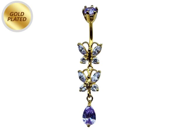 Double Butterfly Dangle Gold Plated Belly Bar, Belly Ring with Crystals - Beautiful Unique Design Navel Piercing - 14G length is 10mm