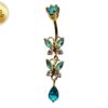 Double Butterfly Dangle Gold Plated Belly Bar, Belly Ring with Crystals - Beautiful Unique Design Navel Piercing - 14G length is 10mm