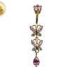 Double Butterfly Dangle Gold Plated Belly Bar, Belly Ring with Crystals - Beautiful Unique Design Navel Piercing - 14G length is 10mm