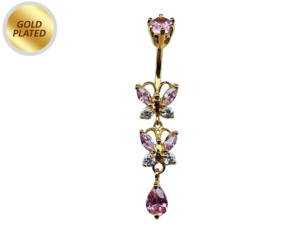 Double Butterfly Dangle Gold Plated Belly Bar, Belly Ring with Crystals - Beautiful Unique Design Navel Piercing - 14G length is 10mm