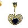 Heart Belly Ring Studded with CZ Crystals - Silver Belly Bar in Gold Plating - 14G Length is 10mm