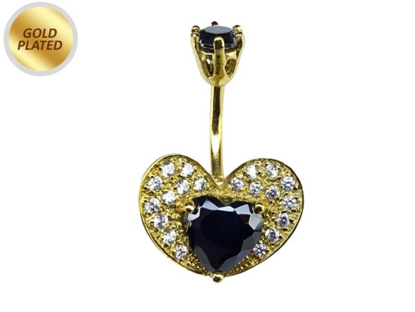 Heart Belly Ring Studded with CZ Crystals - Silver Belly Bar in Gold Plating - 14G Length is 10mm