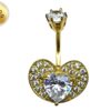 Heart Belly Ring Studded with CZ Crystals - Silver Belly Bar in Gold Plating - 14G Length is 10mm