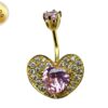 Heart Belly Ring Studded with CZ Crystals - Silver Belly Bar in Gold Plating - 14G Length is 10mm