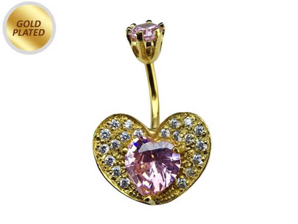 Heart Belly Ring Studded with CZ Crystals - Silver Belly Bar in Gold Plating - 14G Length is 10mm