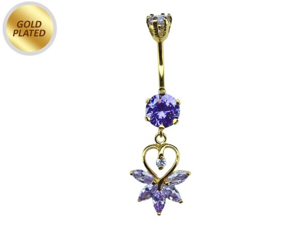 Gold Plated Belly Button Ring - Unique Design Dangly Silver Belly Bar with CZ Crystals - 14G Length is 10mm