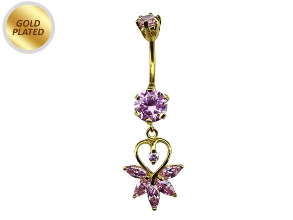 Gold Plated Belly Button Ring - Unique Design Dangly Silver Belly Bar with CZ Crystals - 14G Length is 10mm