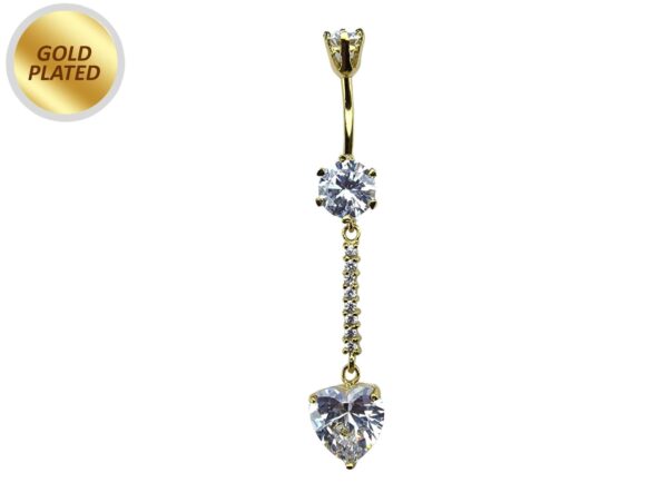 Long Belly Button Ring, Dangle Heart Belly Bar with Crystal Hand Set - Gold Plated Silver Belly Piercing - 14G length is 10mm