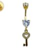 Gold Plated Key Heart Belly Bar Dangle with CZ Crystals - Silver Belly Ring 14G length is 10mm