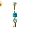 Gold Plated Round Belly Bar with Dangle Key with CZ Crystals - Silver Belly Ring 14G length is 10mm