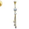 Luxury Dangle Chain Belly Ring, Silver Belly Bars - Gold Plated Round Navel Piercing - 14G length is 10mm