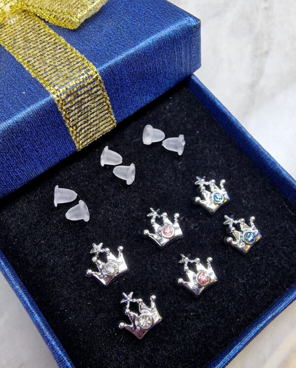 Clear Plastic Post Stud Crown Earrings with CZ Crystals - Hypoallergenic, Nickel Free - 3 Pairs + Gift Box