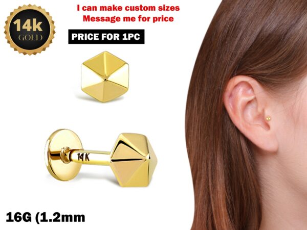 Hexagon Shape 16G Labret Lip Piercing made from solid 14K Gold and Rose Gold Body Piercing for Tragus, Medusa Lip studs Internally Threaded